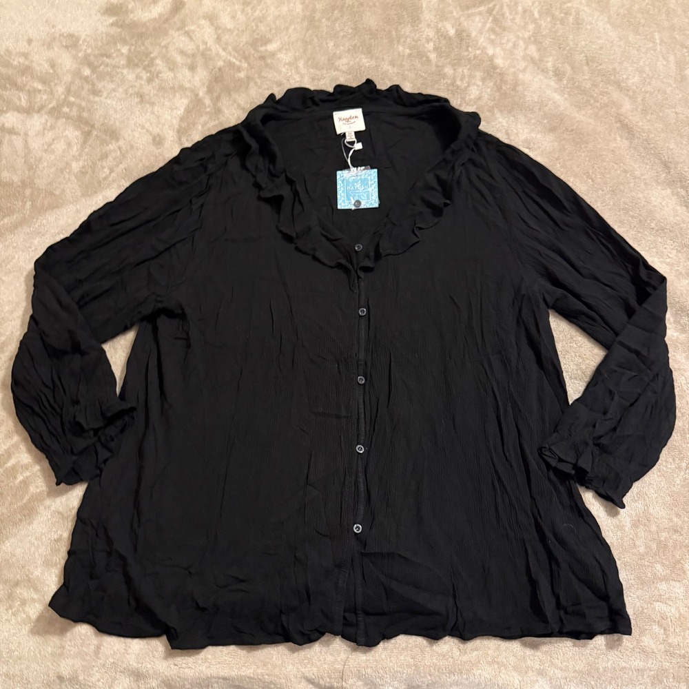 Hayden Los Angeles Black Ruffle Neck Button Down Blouse 2XL NWT H9055W